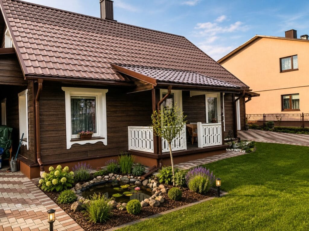 Shera Plank Walnut spalvos namas su veranda – ventiliuojamas fasadas su fibrocementinėmis dailylentėmis